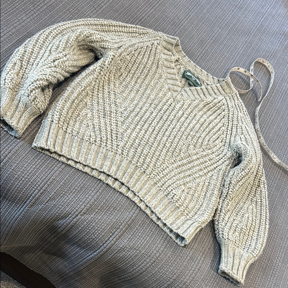American Eagle Outfitters Gray V-Neck Sweater with Chunky Knit and Long Sleeves
